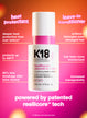 K18 leave-in conditioner bottle with promotional text on a colorful background